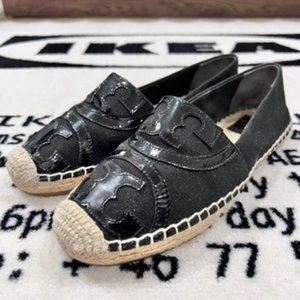 Tory Burch Women's Espadrille Flats Poppy Logo Black Canvas Slip-On Shoes Size 7
